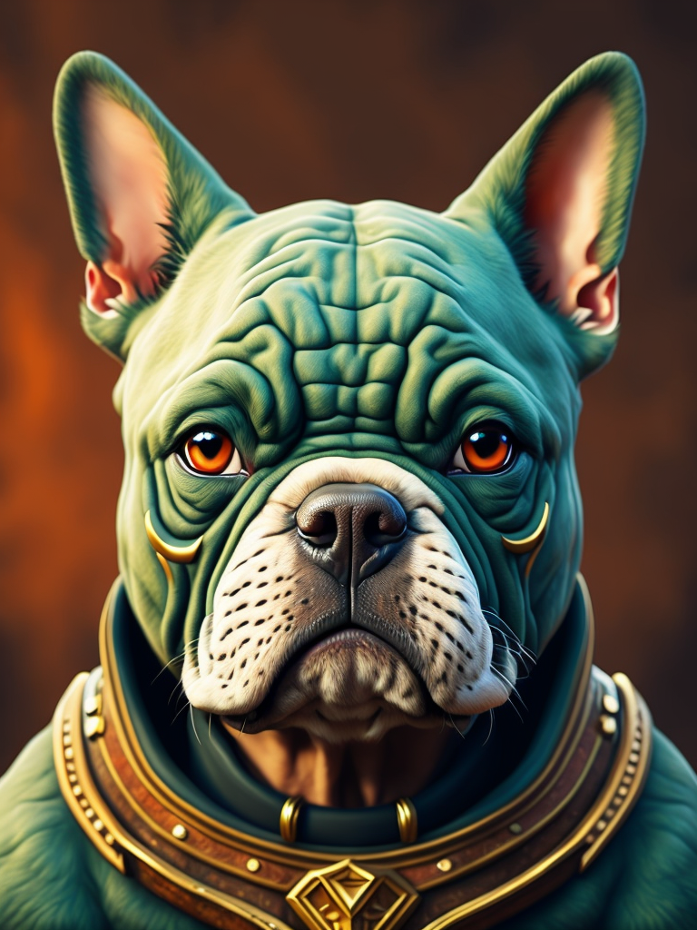 color, 8k, 4k, high resolution,Beautiful green french-bulldog Viking warrior on a field, digital art, attractive, beautiful, intricate details, detailed face, hyper-detailed closed eyes,zorro eye mask, artstation, ambient light