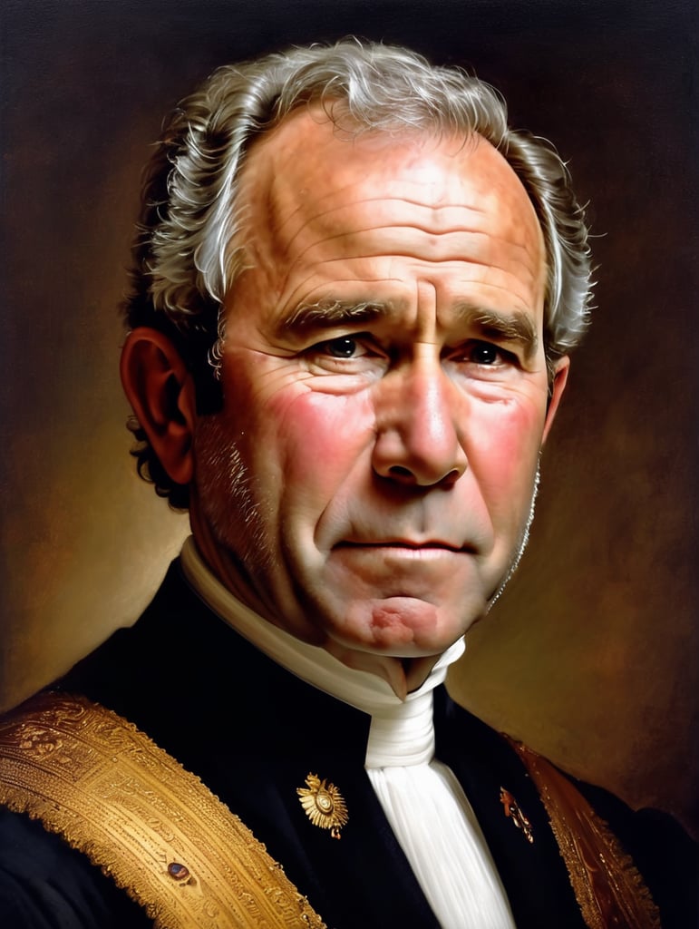 Portrait of George W. Bush by Rembrandt Harmenszoon van Rijn, sad face, America, so sorry