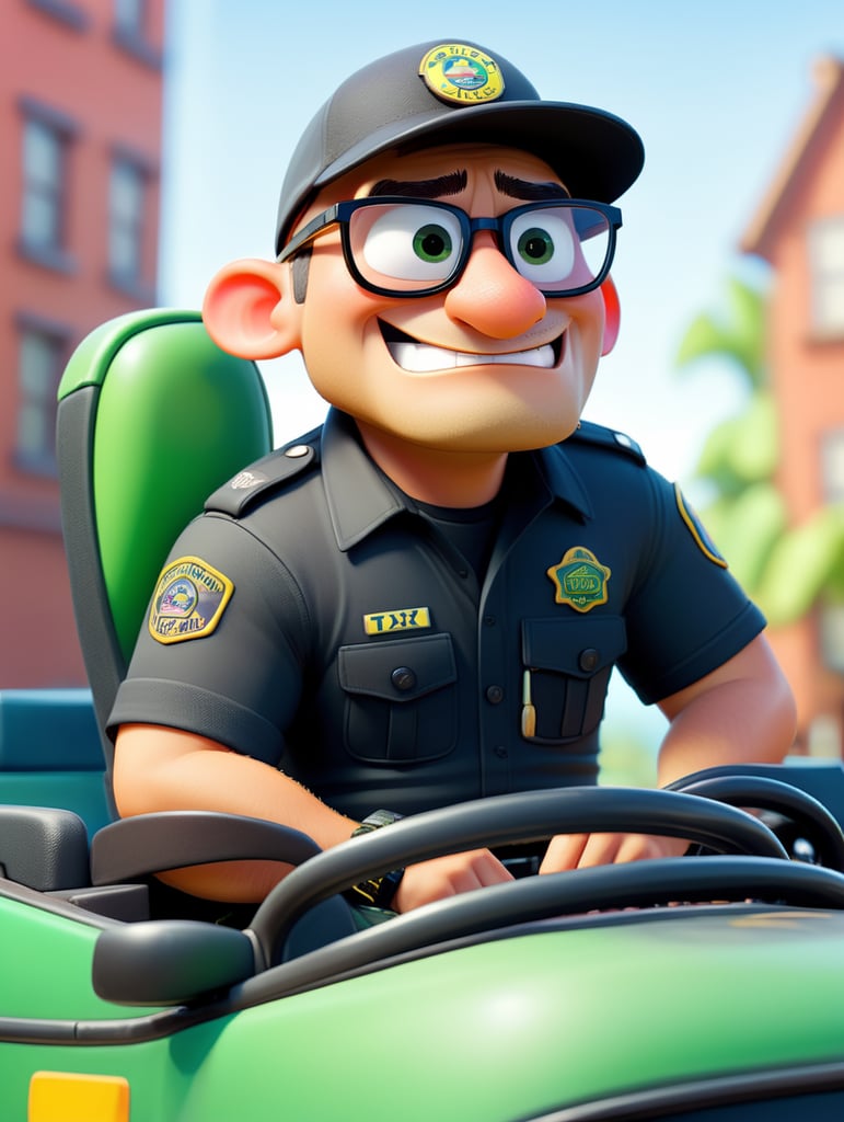 Alligator police officer, sitting behind the wheel of a taxi, close-up shot, sunglasses, clipart, stock photo