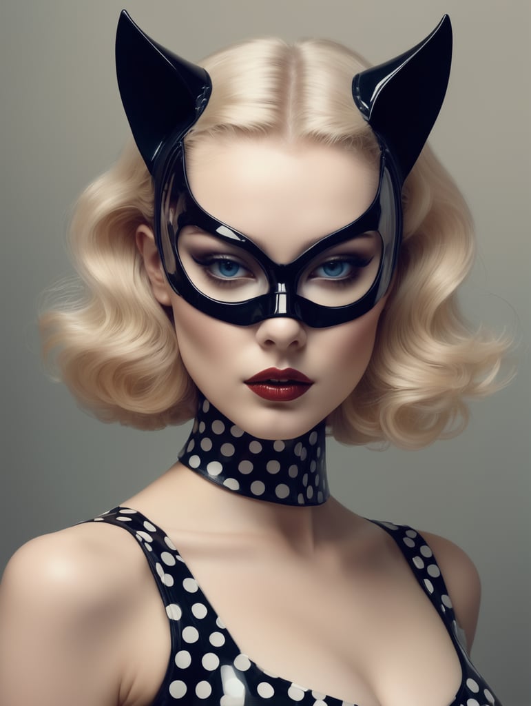 front portrait Photography, transparent dark plexiglass printed with polka dots colors print, cat woman mask, an attractive, 80 degree view, art by Sergio Lopez , Natalie Shau, James Jean and Salvador Dali