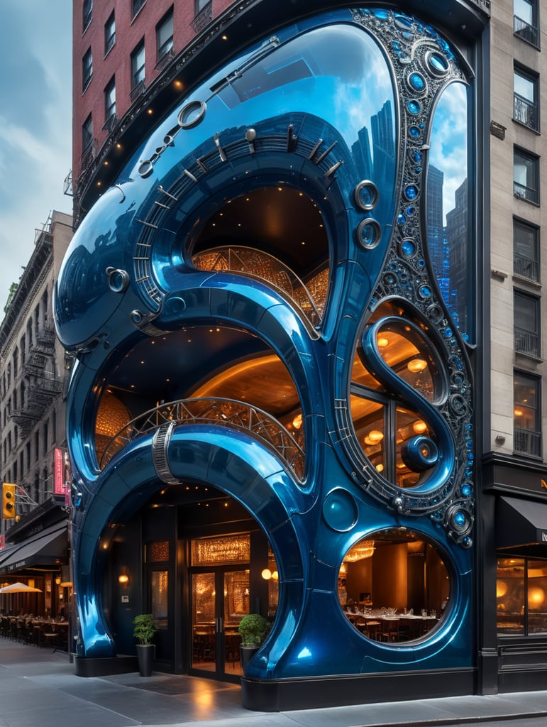 A futuristic neocosmic architectural facade of à Restaurant on the form of a musical note, in New York city, in blue glass, hyper realistic, hyper detailed, Nikon camera