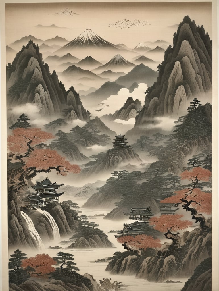 Japanese engraving print nature mountains dragons