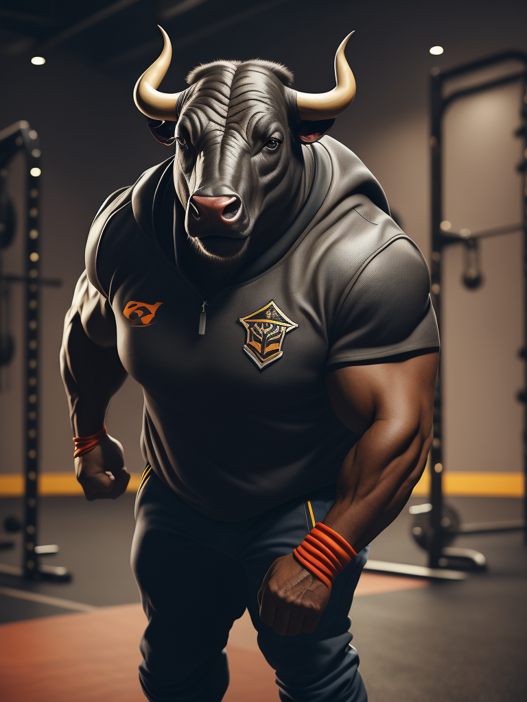 Bull look like a human stylized as a sport coach with whistle and white t-shirt in the gym