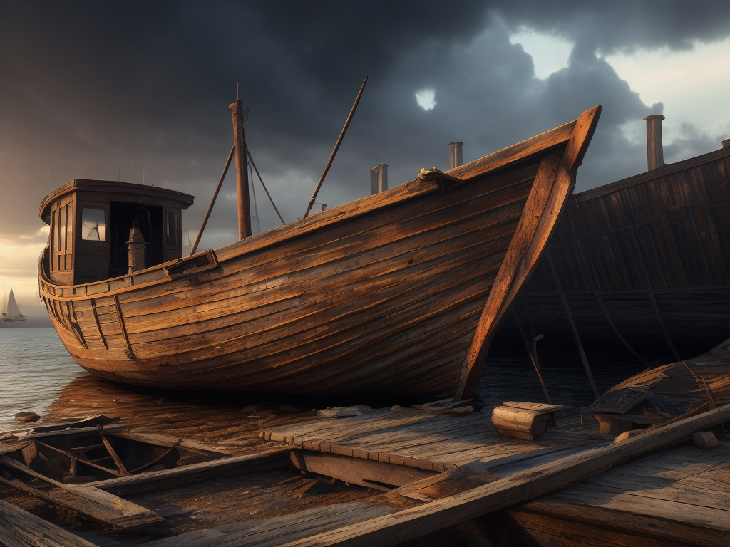 Abandoned broken wooden boat in a dilapidated dirty harbor, high definition, photorealistic, smooth gradients, no blur, sharp focus, cinematic lighting, epic scene