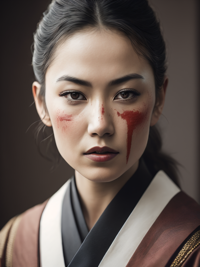 Woman, blood in face, samurai, paint, portrait, best quality