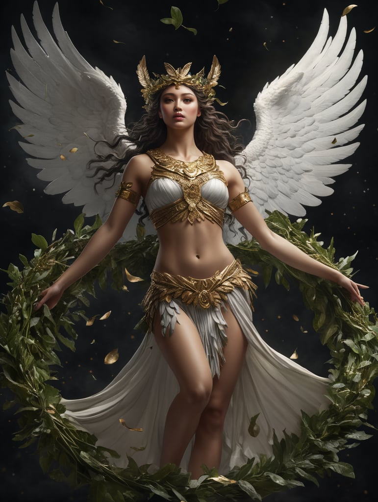 nike winged goddess, floating on air, lifting up a wreath of laurel leaves with her right arm, in picture full body and wings, dark background, light front, ancient greek hairstyle, detailed