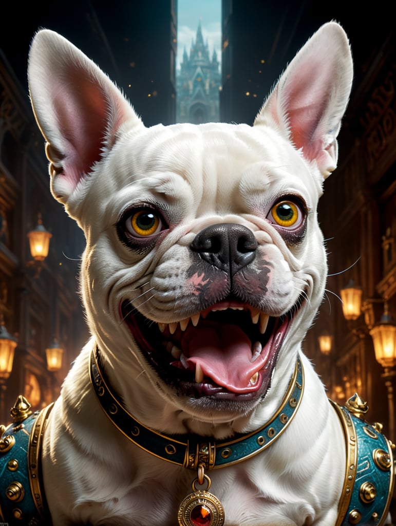 A Disney Pixar-inspired movie poster with title "Theodora". In the image a white french bulldog with a black rigth eye and nose, with black eyes and a smiling face. The scene should be in the distinct digital art style of Pixar, with a focus on character expressions, vibrant colors, and detailed textures that are characteristic of th animations, with the title "Argos"