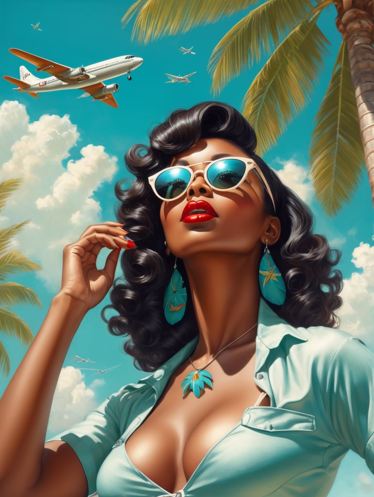 Pin up art, portrait, a black woman raised her head up, looks at the sky, sunglasses, one airplane flies in a clear sky and leaves a mark, summer, palms around, palms reflected on a sunglasses, turquoise shades, style by Gil Elvgren