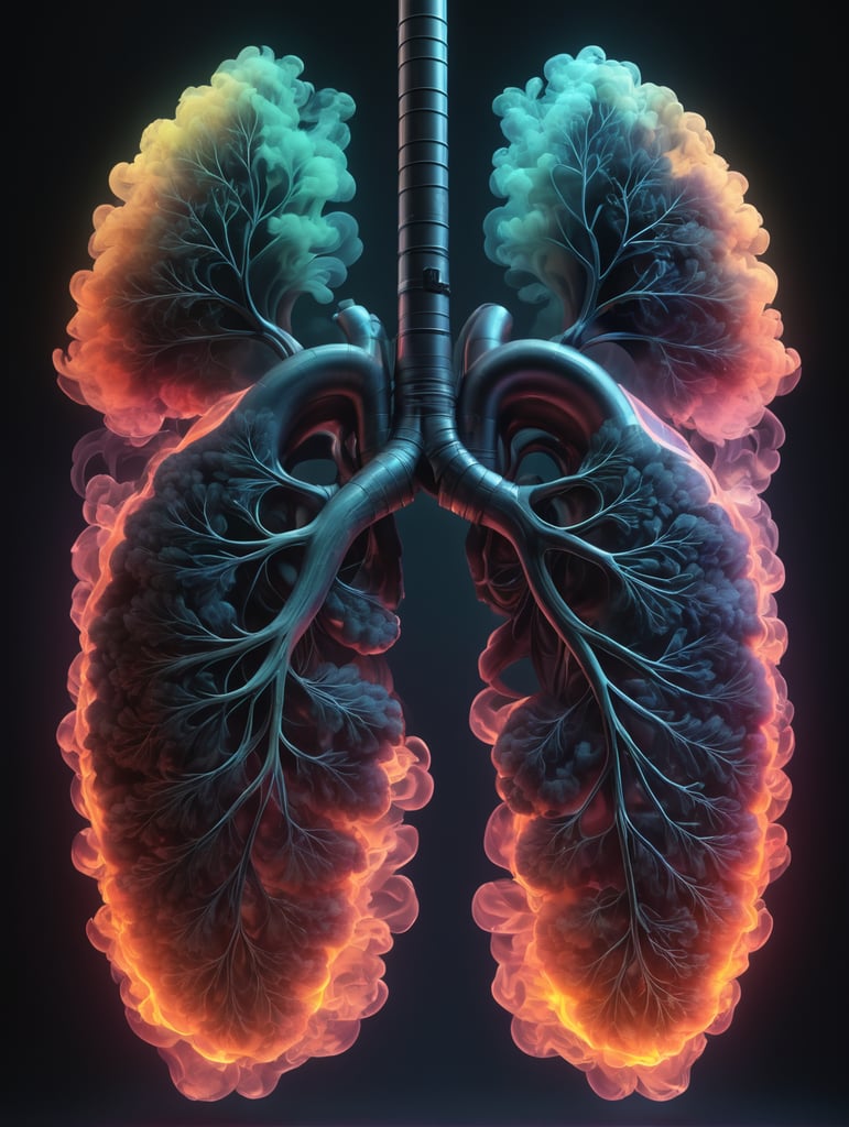 a pair of lungs with ephemeral smoke and fire, dark, neon, cyberpunk