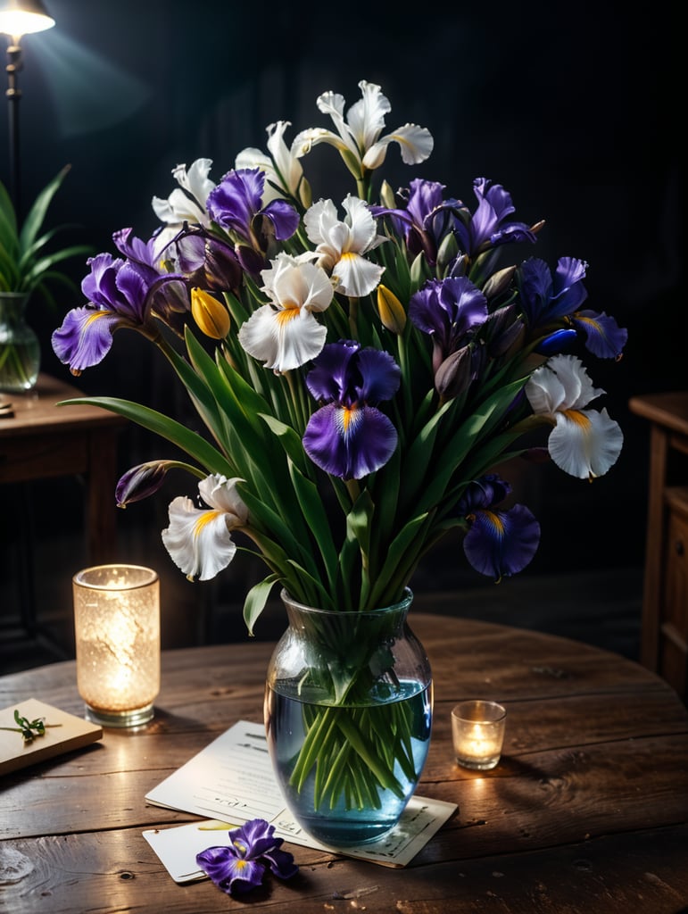 Ramo de flores sobre una mesa de madera. Tumbadas.Una ieçris violeta y otra iris blanca Hay una tarjeta grande que se apoya en un recipiente vacio de cristal con agua. Ambiente cálido, luz tenue colores poco saturados realista.