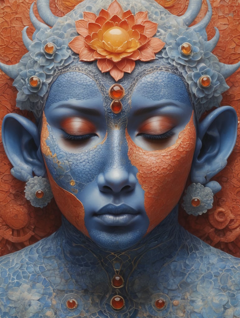 An intricate painting of a figure with blue, scale-like skin textures and closed eyes, giving a serene expression. The head and shoulders should merge into an organic, coral-like structure with lace-like patterns of empty spaces in warm hues of orange, red, and yellow, providing a stark contrast to the blue skin. Emulate the detailed patterns of cellular or porous natural materials with varied hole sizes and interconnecting strands.