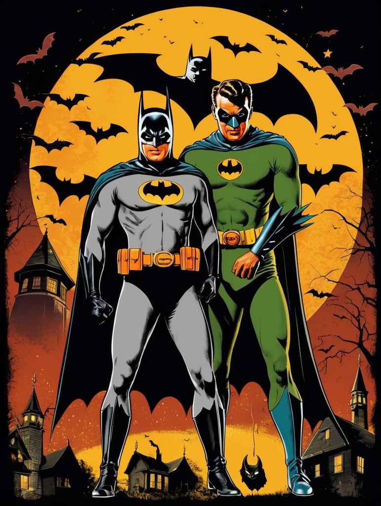 1950's b-movie horror halloween t-shirt print design featuring a batman and robin