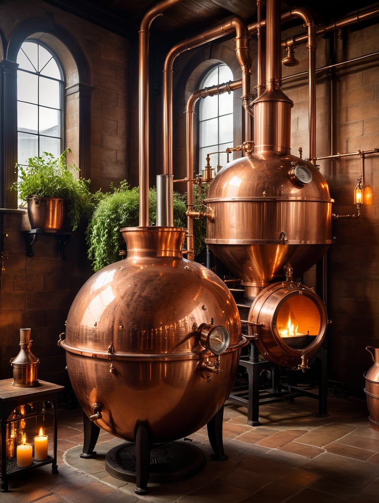 Close-up of a Copper distillation unit alembic, candles on the walls, Dim antique room for whiskey production, herbs and hops, old master sitting on a chair