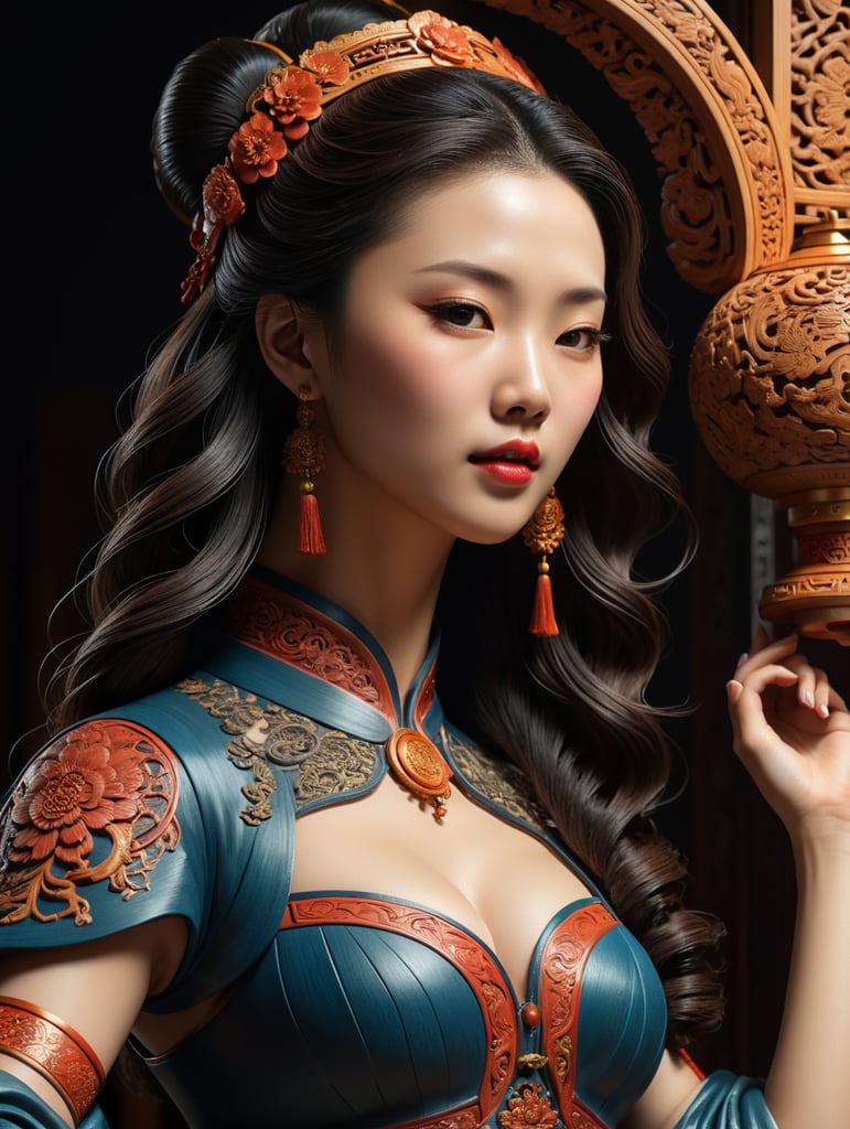 a graceful woman, Chinese Wood carving, retro, textured, prominent details, minimalist, modeling, high-definition, fine, light and shadow, single object, shoot by a sony camera, 35mm, intricate designs, delicate details, and high level of craftsmanship, aesthetic beauty, cultural significance, and historical importance