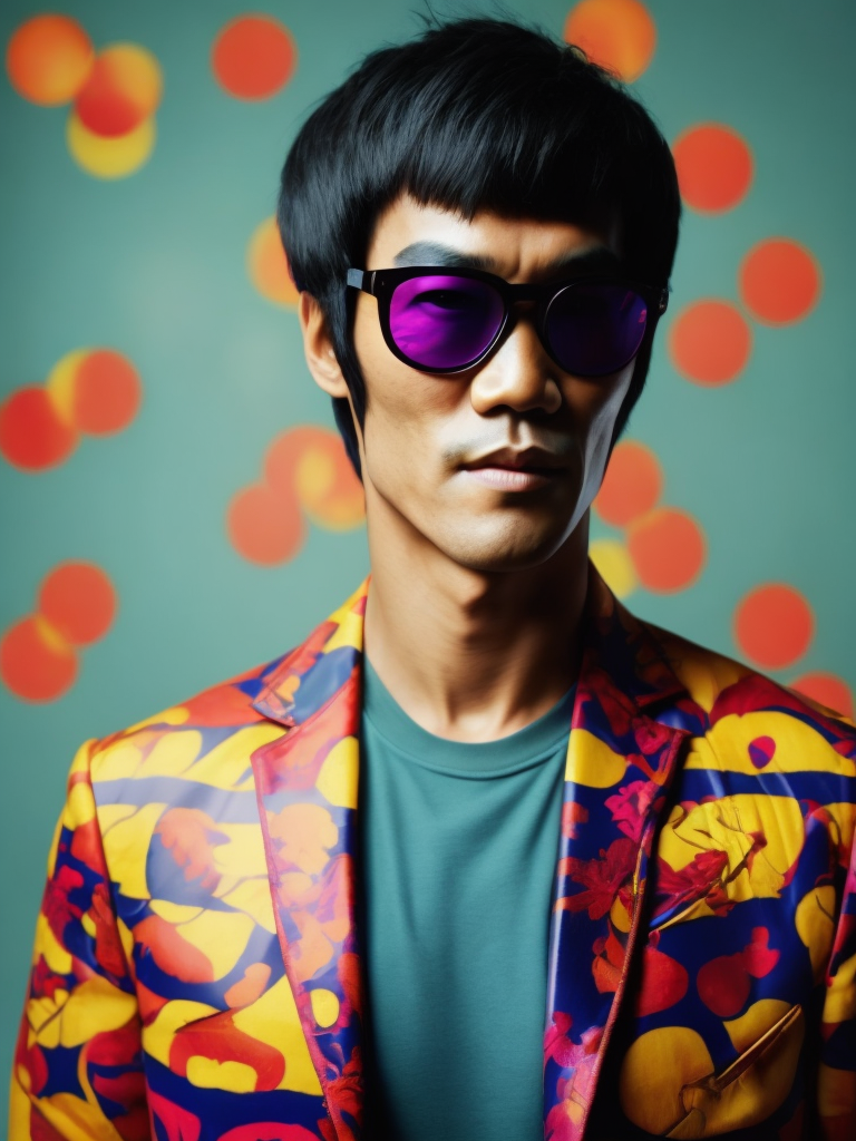 Bruce Lee wearing a brightly patterned jacket and wayfarer glasses, Vivid saturated colors, Contrast color