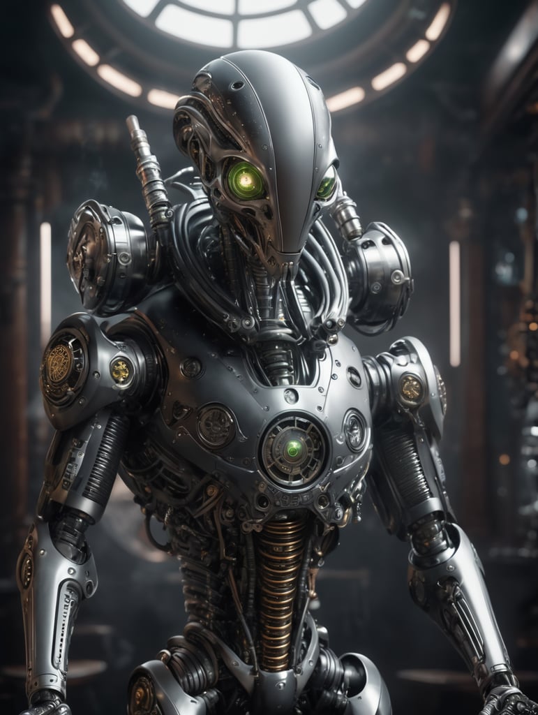 Alien biomechanic, full body cinematic style digital art render with mechanical and futuristic details smoking robots old pub