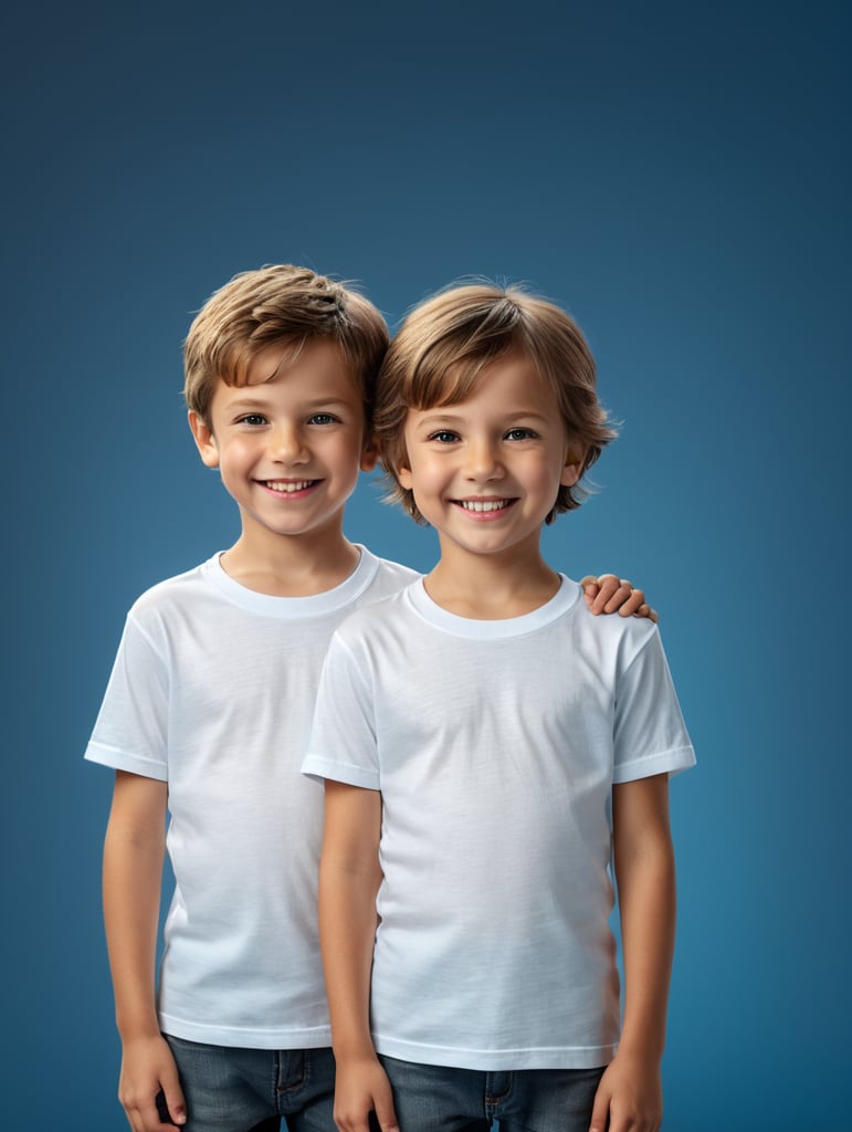 a boy and girl wearing white t-shirts, standing in front of blue background, blank shirts no print, 12 years old smiling toddlers, photo for apparel mock-up