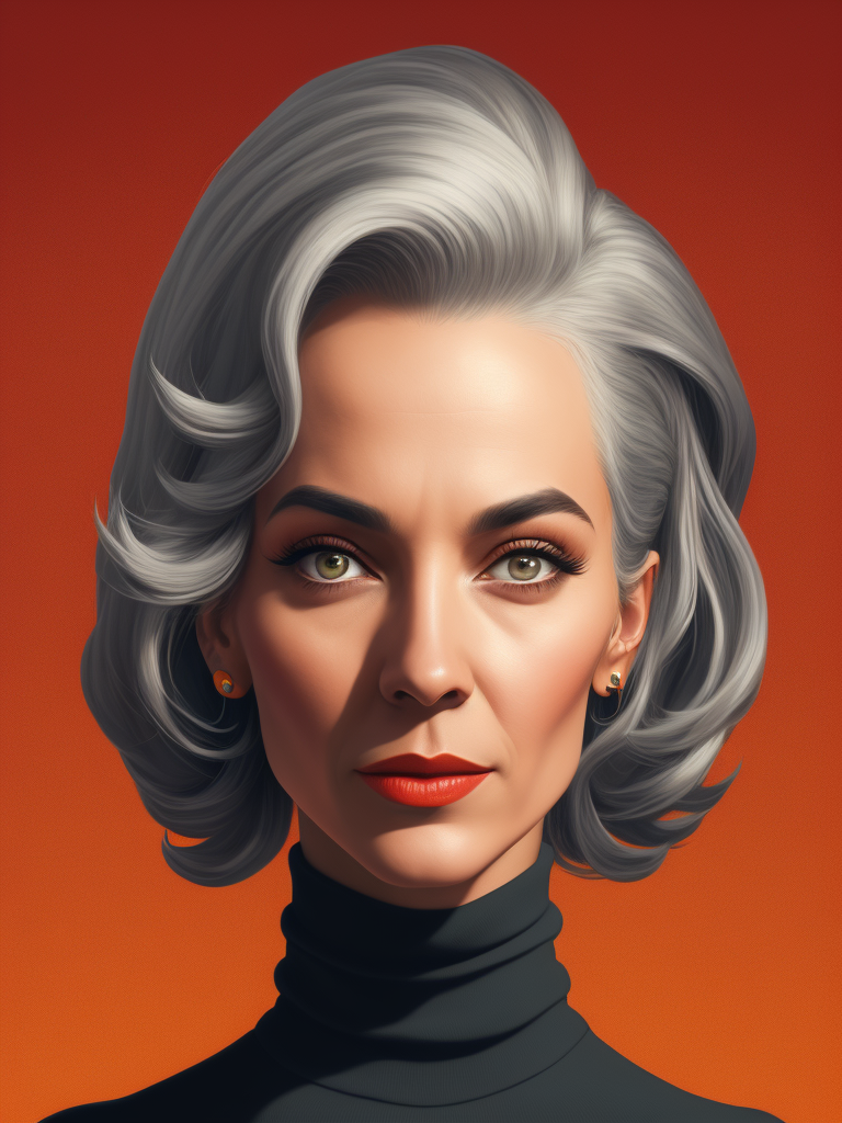 Colorful graphic illustration, pop art, late 50s caucasian woman in a turtleneck with shoulder length gray hair.