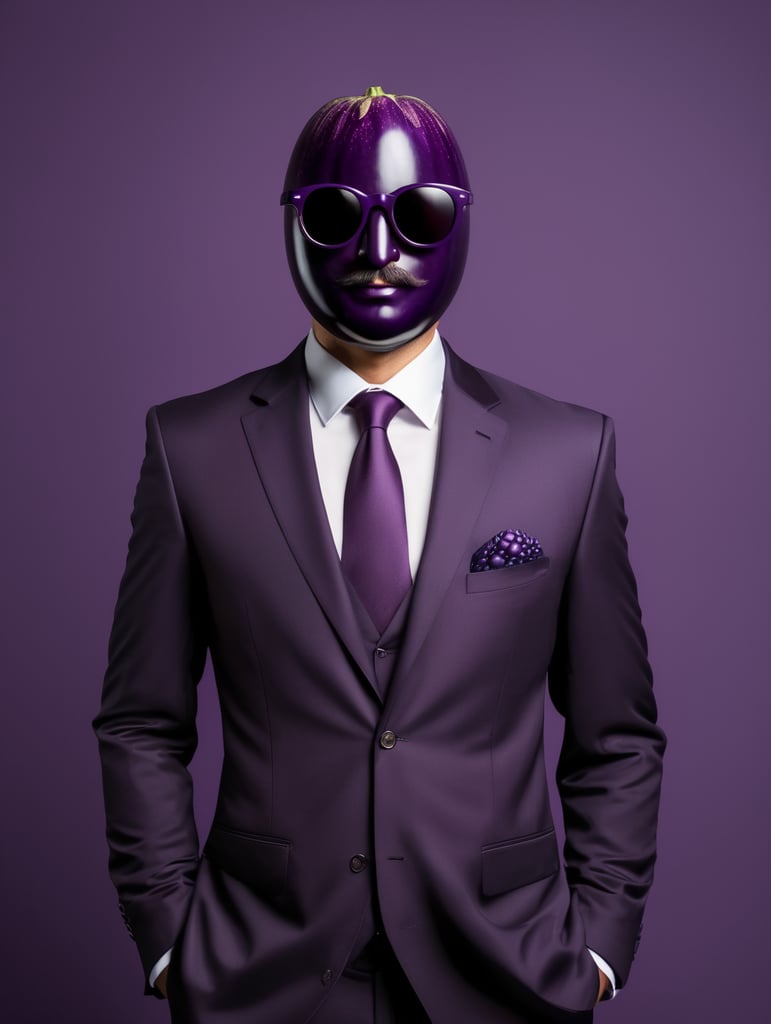 A man in a business suit with a eggplant for a head, dark purple background, sunglasses, isolated, style of Edward Burne-Jones