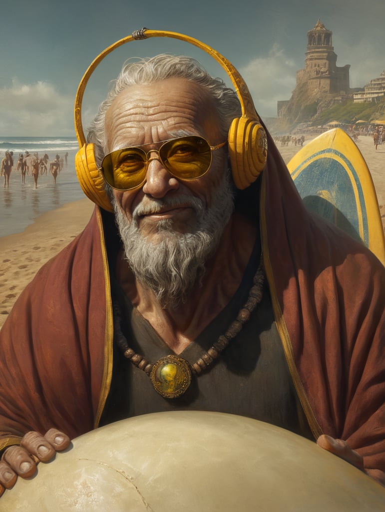 old god with a surfer face, yellow sunglasses, sunscreen on cheek, renaissance art, Rock And Roll Hand Sign, yellow details