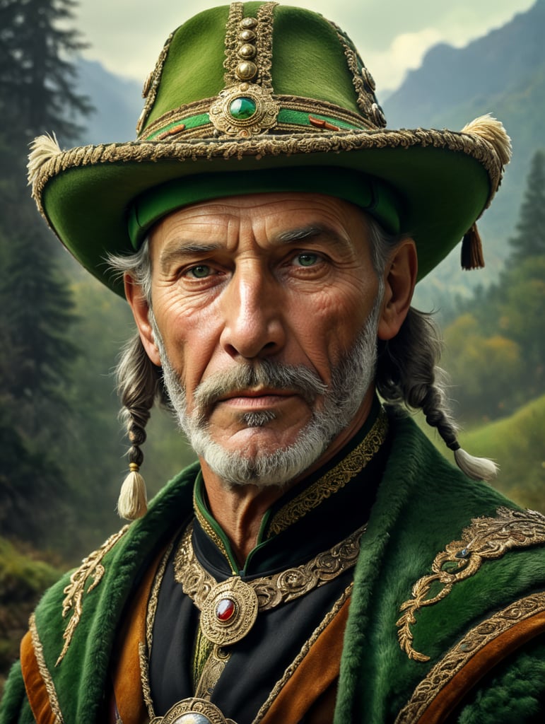 Retro portrait, an old Austrian hunter wearing Green Tryolean Hat and traditional costume