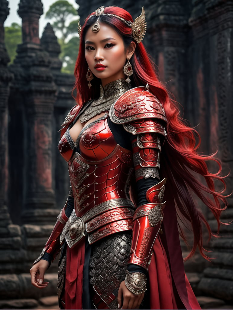 A young beautiful khmer girl in red armor and black hair against the backdrop of angkor wat temple in siem reap in red-burgundy tones, blurred background, focus on the girl, detailed armor, Dramatic Lighting, Depth of field, Incredibly high detailed