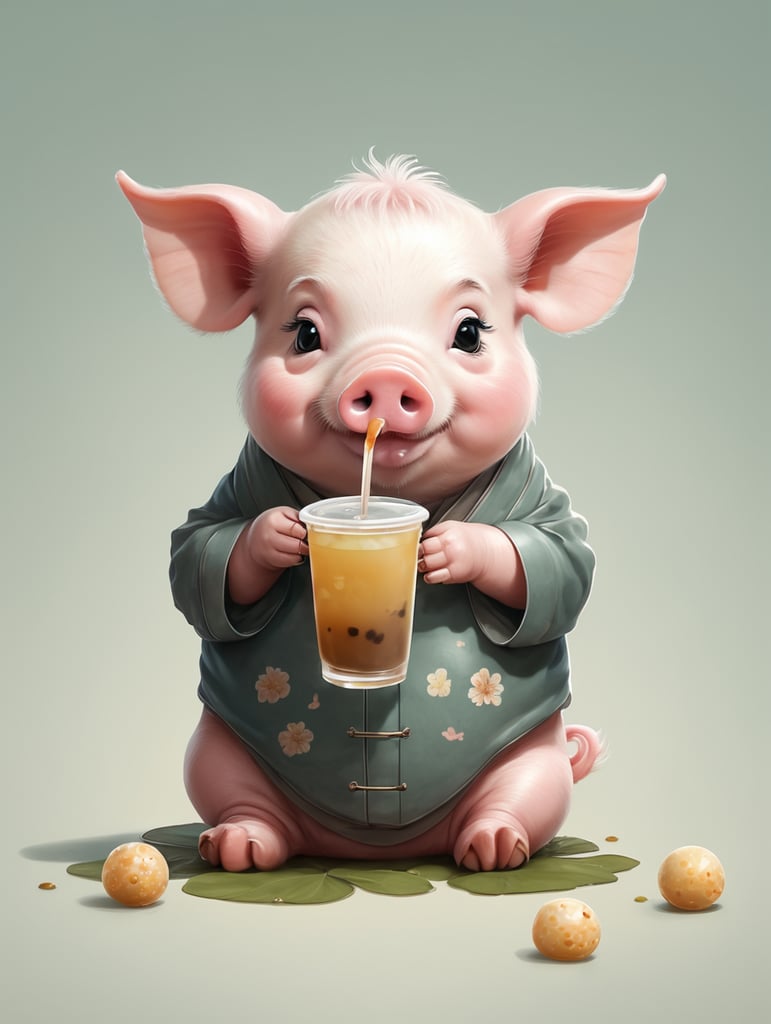 A cute pig drinking boba