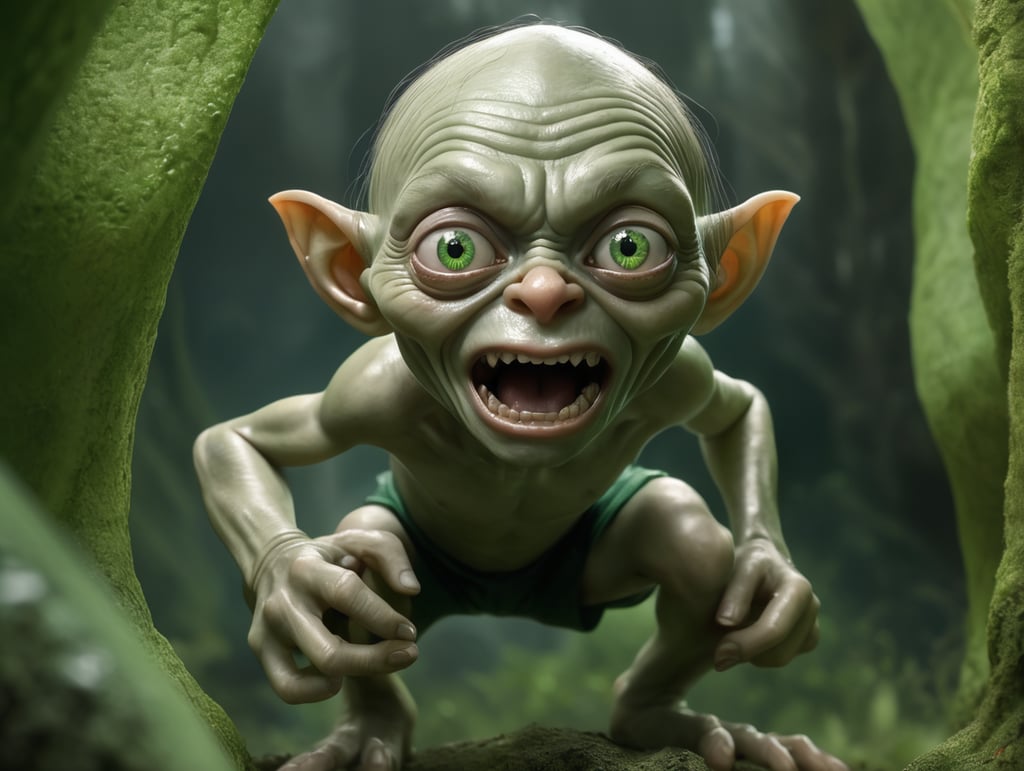 Green Gollum Sméagol by Tiago Hoisel with beauty queen, Scary background, Depth of field, Incredibly high detail