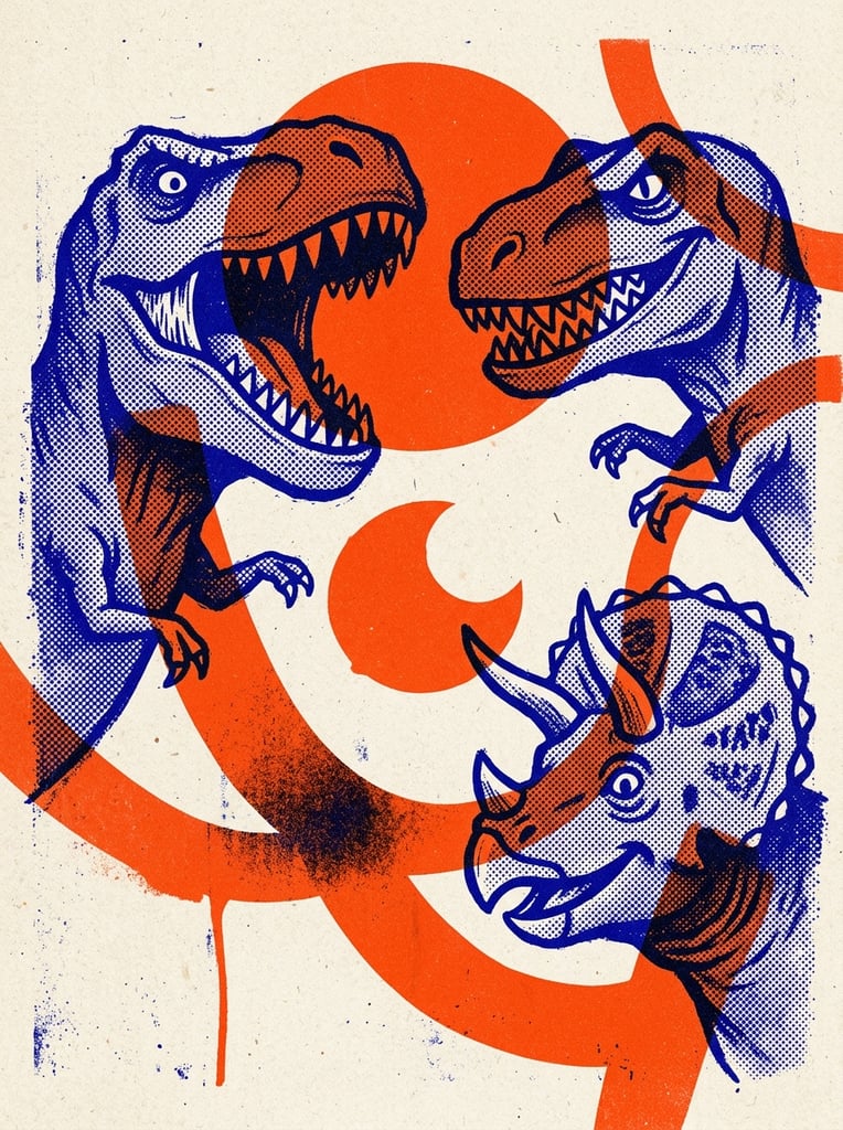 Three dinosaur heads with large teeth and small arms exhibiting various expressions, rendered in a bold retro risograph and screen-print aesthetic. The figures are constructed from dense, coarse halftone dot patterns in a striking ultramarine blue ink, featuring rough, distressed edges characteristic of vintage printing. Intersecting and layering with the blue figures are massive, flat, vibrant orange-red geometric shapes, including bold circles and sweeping abstract curves. Where the blue and orange-red inks overlap, a darkened, textured overprint effect occurs, blending the halftone patterns. The entire graphic composition is set against a warm, off-white, grainy paper texture, emphasizing a tactile, high-contrast, minimalist graphic design style with visible ink bleed and lithographic grain.