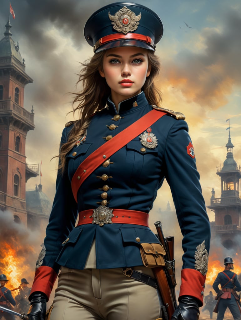 Young woman in Ungarish soldier uniform 19th century and pants