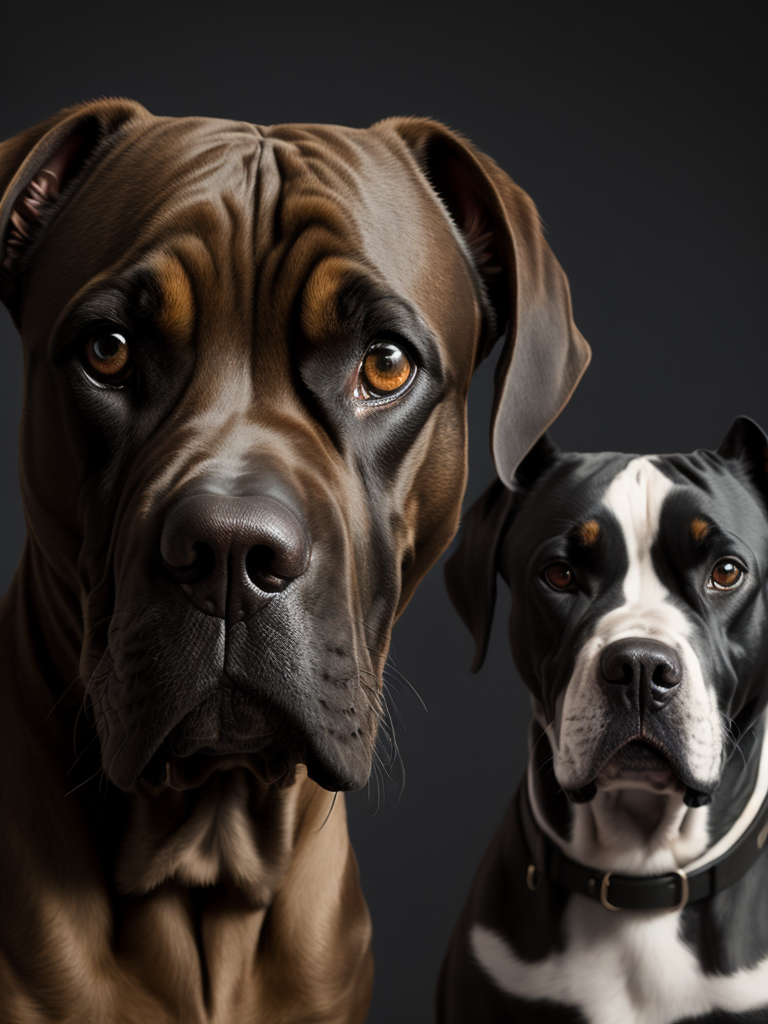 create a portrait of 2 dogs, one is a black cane corso and amstaff mix, the other one is small size mix between a setter and a cocker, reddish medium long hair