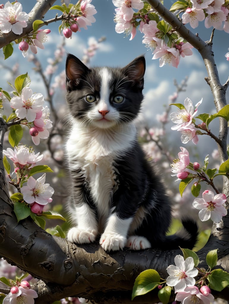 small black and white kitten sitting in an apple tree surrounded by apple blossom