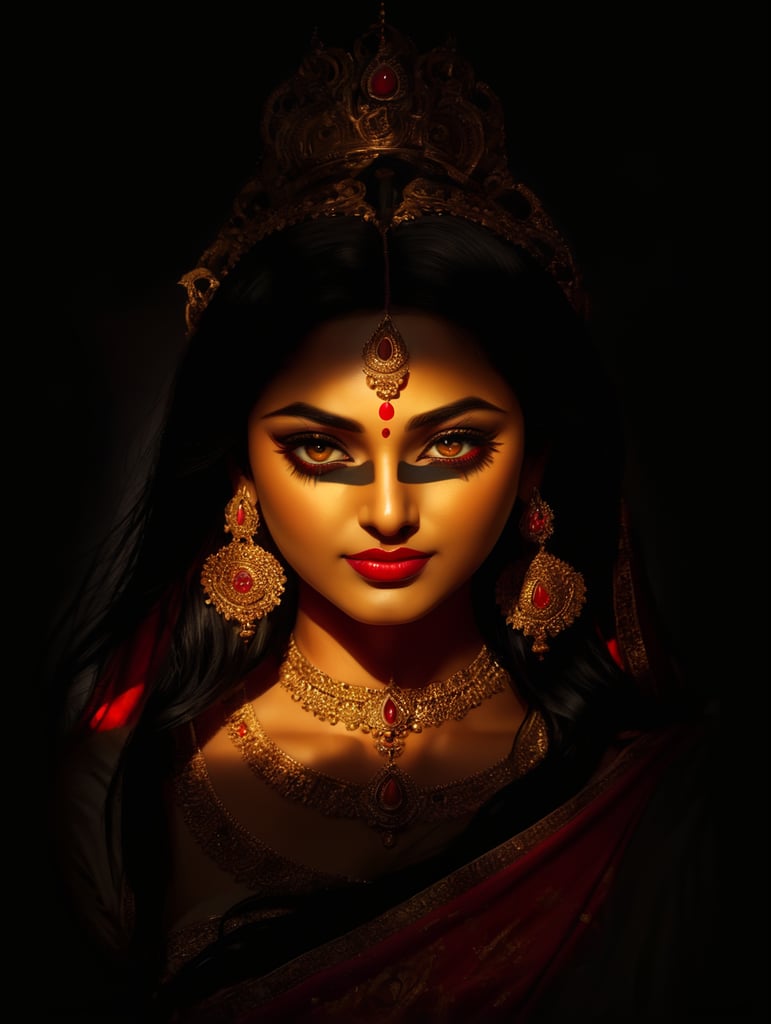 Maa Durga Bengal, rich beautiful sari, bright makeup, golden jewelry, long black hair, brown eyes, red lips.