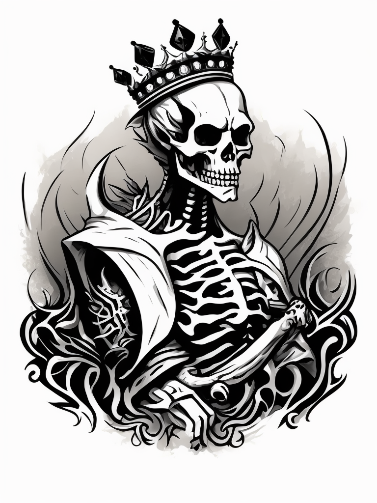 A vector art of a queen skeleton tattoo, linocut, white background, albrecht durer