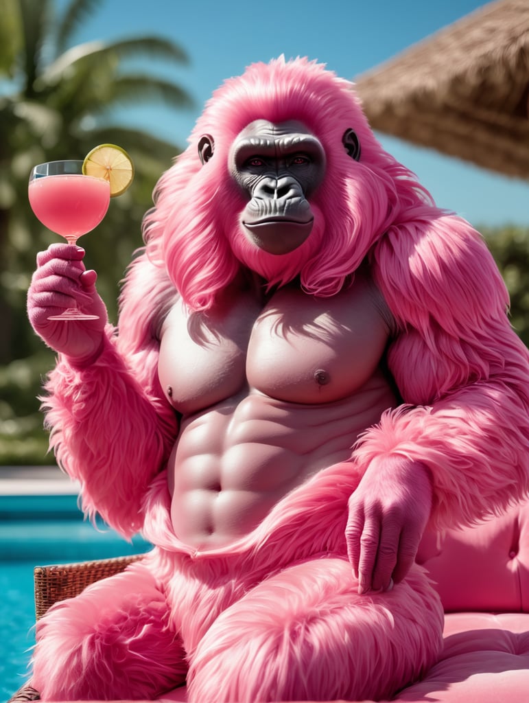 a pink gorilla with long pink hair and a big pink cocktail in her hands lounging on a stylish daybed next to a stylish pool on a sunny summer day