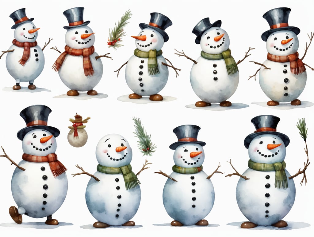 Snowman, different angles and expressions, full body only character sheets, multiple poses, white background, whimsical watercolor