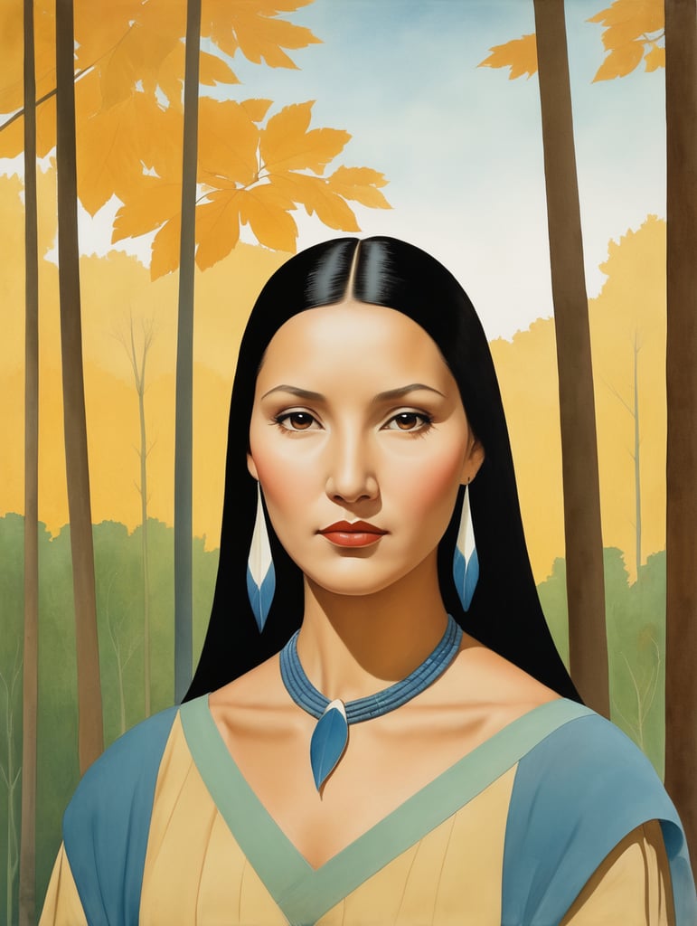 Pocahontas, 0Il lustration, Painting, Oil, Watercolor, Portrait, USA, style of Will Barnet