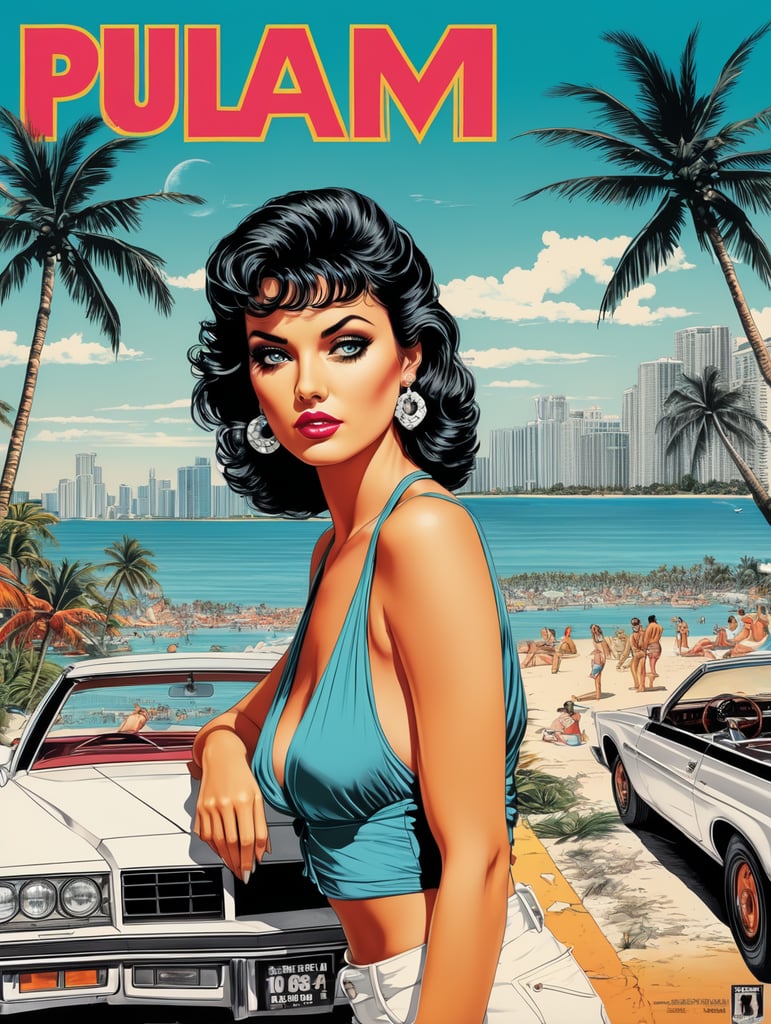 Miami 1984 cocaine eye-catching poster-style drawing and illustration representing the iconic pulp style.