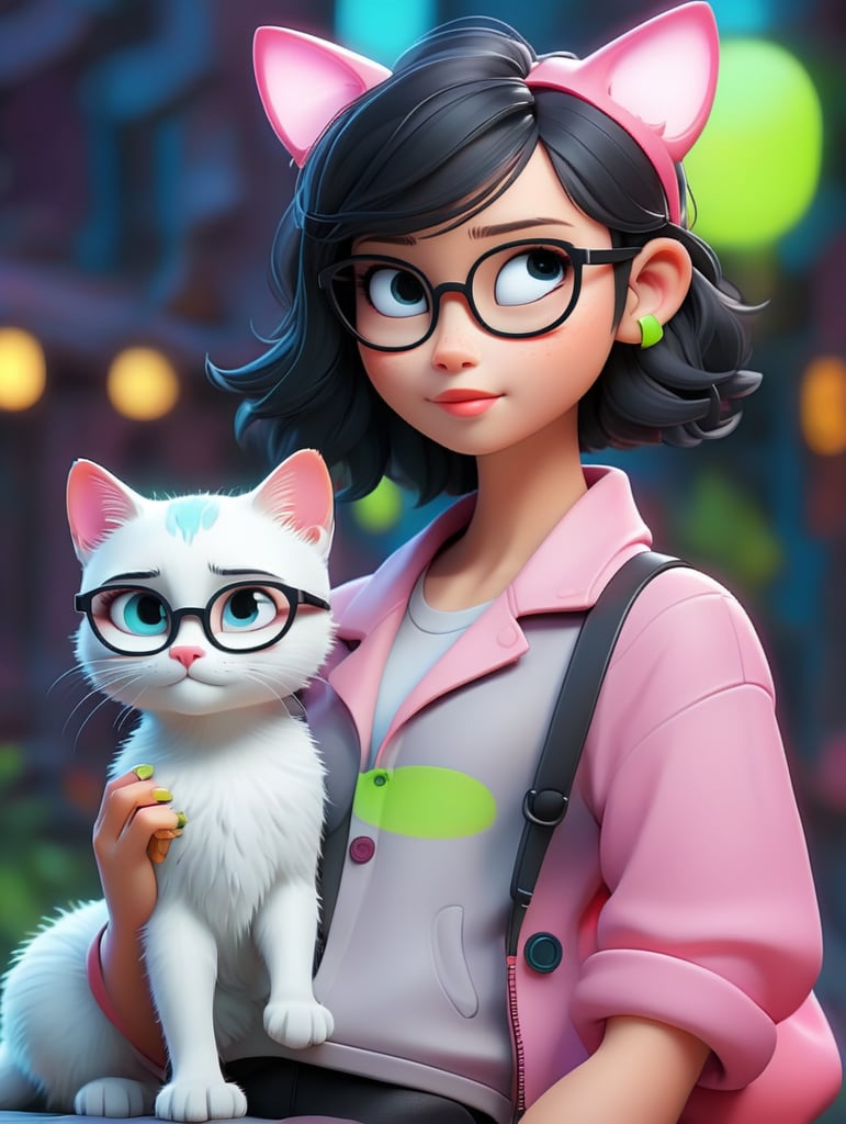 Premium AI Image, modern anime character of Chinese girl AI generated, neon, sunglasses, small cat, lizard