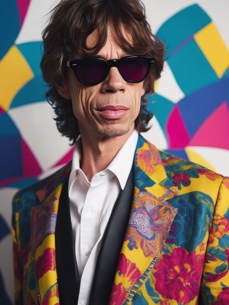 Mick Jagger wearing a brightly patterned jacket and wayfarer glasses, Vivid saturated colors, Contrast color