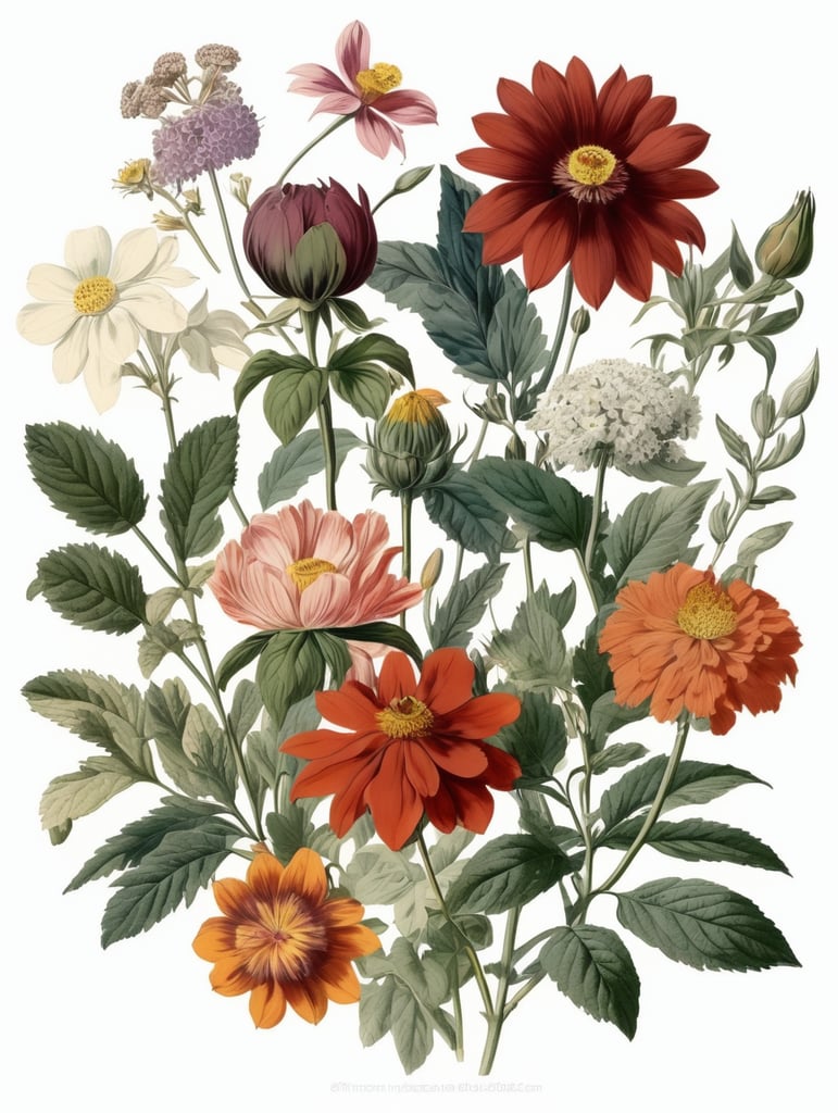 different types of psychedelic flowers, botanical illustration, white background, style of Pierre-Joseph Redoute