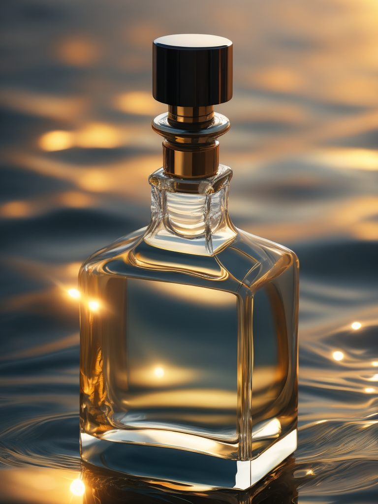 A delicate and noble glass perfume bottle was placed in the middle of the water，The sunlight asperses full, on the water flutters falls ，the petalhas ，the dewthe crystal ，clear feelingthe warm color tone,Headshot Center，the composition，Hyper，realistic style，realistic，photography，high detailhigh quality，high resolution，8k