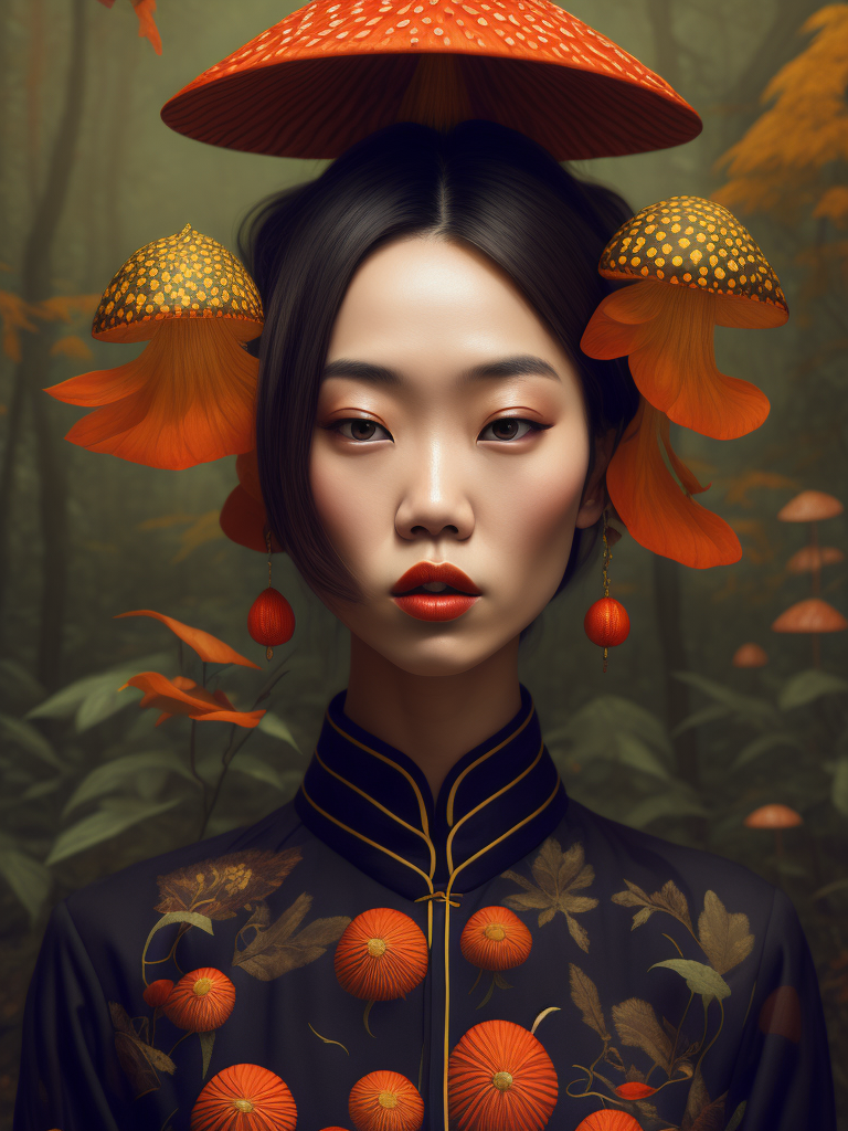 Pretty chinese model with hallucination mushroom, by martine johanna and simon stalenhag and chie yoshii and casey weldon and wlop, ornate, dynamic, particulate, rich colors, intricate, elegant, highly detailed, vogue, harper's bazaar art, fashion magazine, smooth, sharp focus