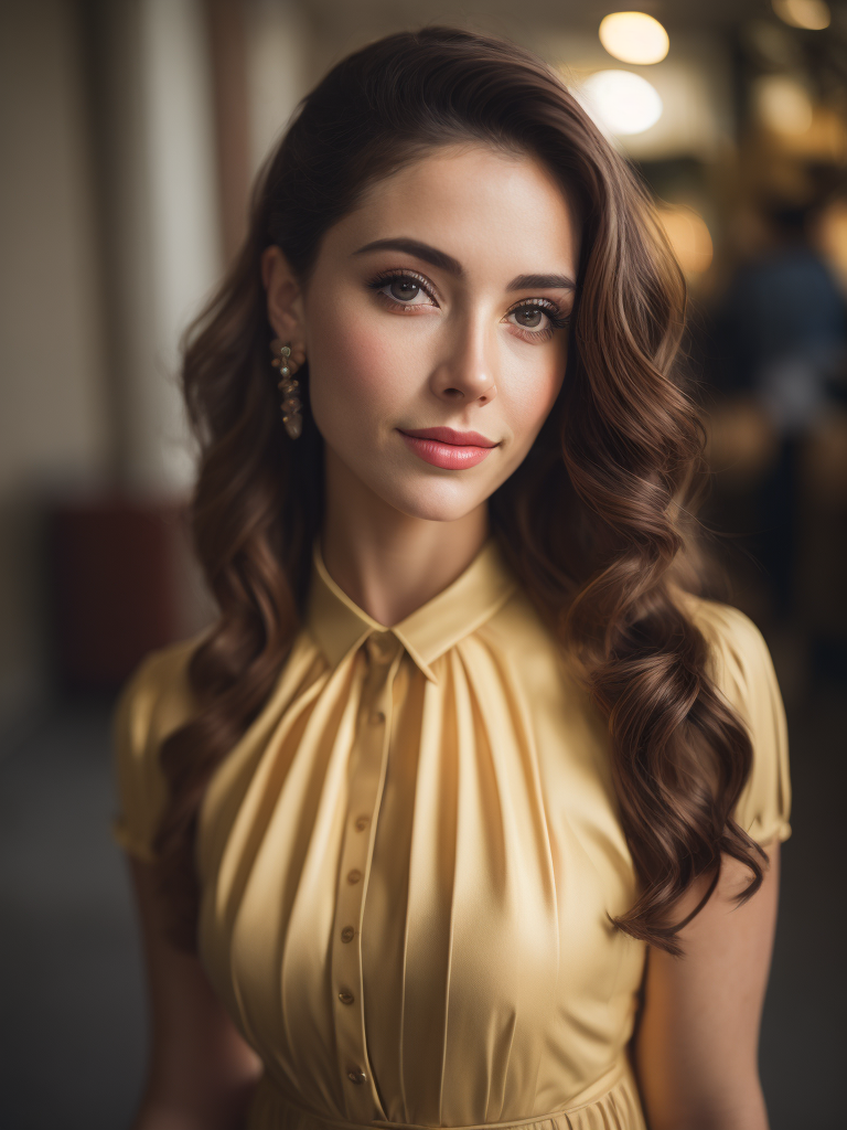 Portrait of a girl dressed in a bright dress, Bright colors, pin up style, 70s