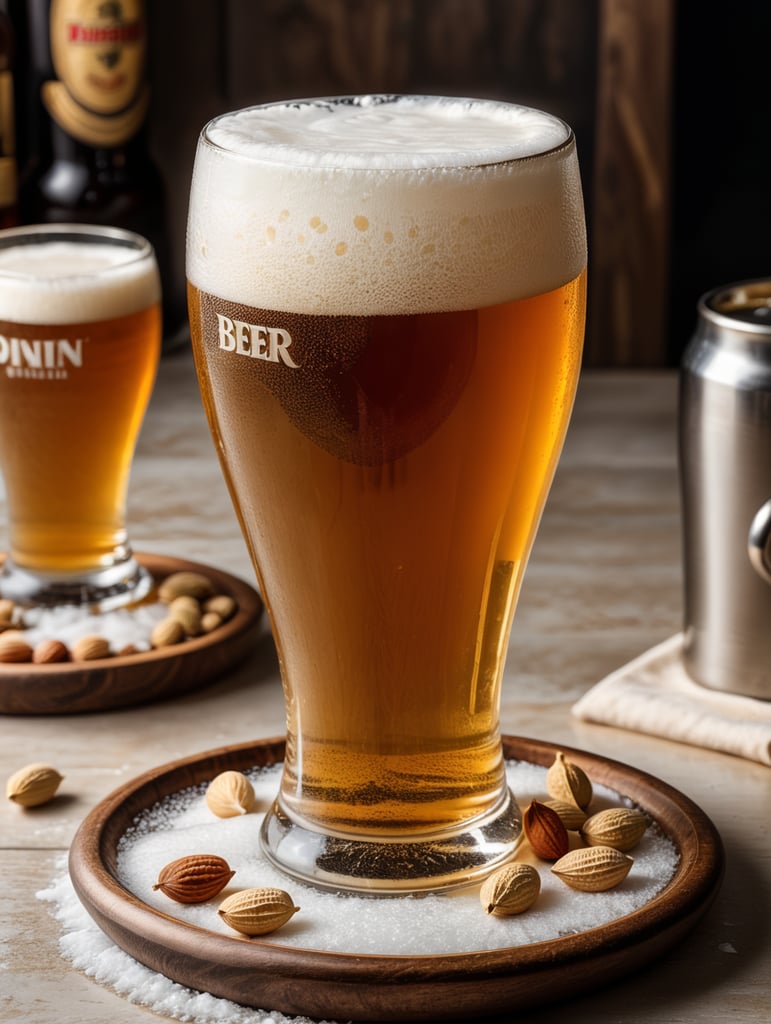 small round stainless steel plate filled with dry peanuts, one gorgeous pint of beer, beer swirl inside glass, one inch of white foam on top, transparent beer, frozen glass, advertisement, highly detailed