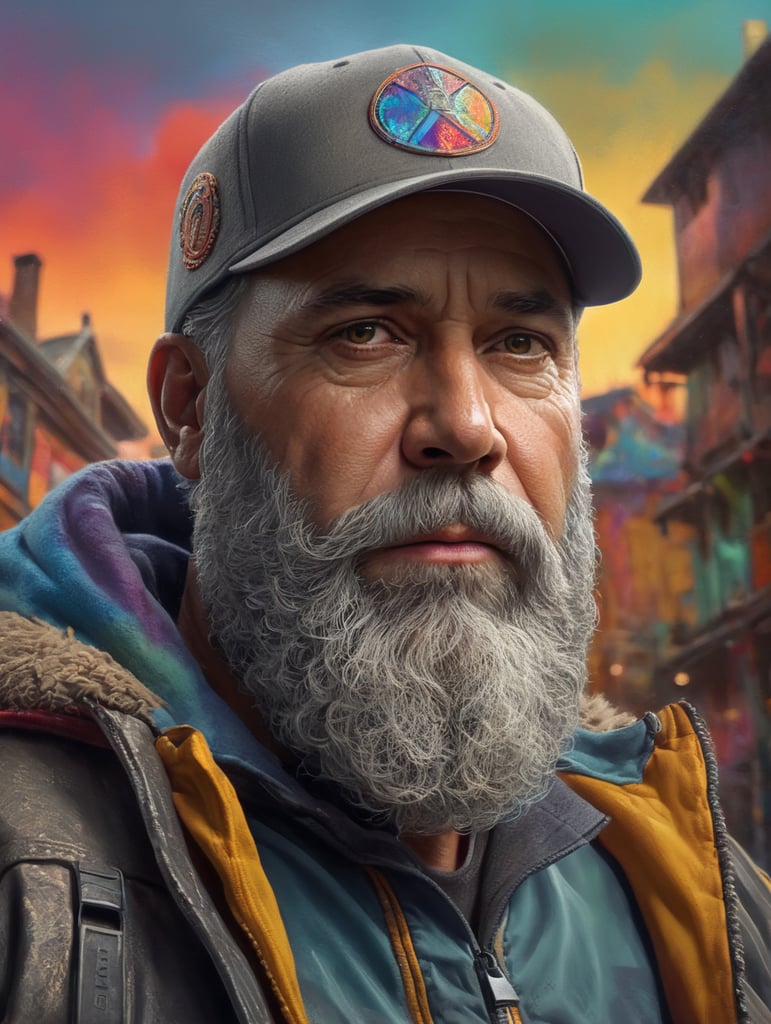 Man med stort grått skägg och grå baseball keps med färgglad bakgrund