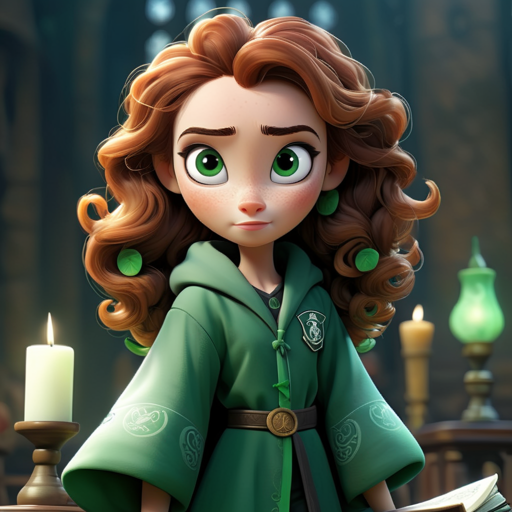a girl with green eyes, freckles and brown curly hair dressed in slytherin hogwarts robes