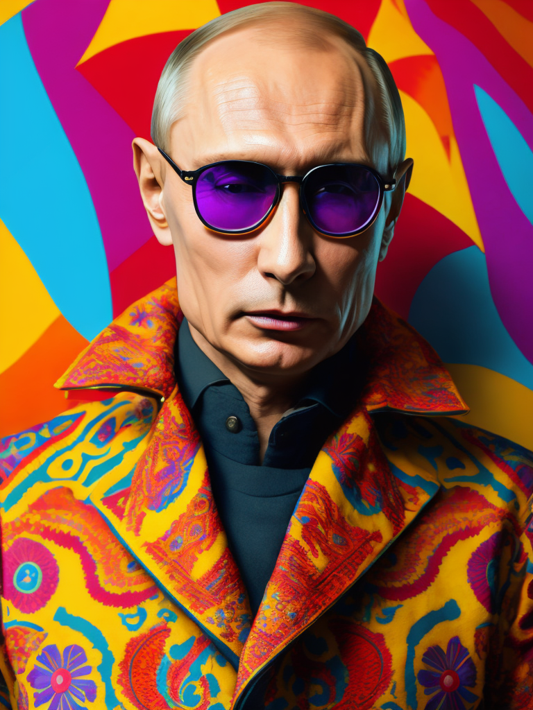 Vladimir Putin wearing a brightly patterned jacket and wayfarer glasses, Vivid saturated colors, Contrast color