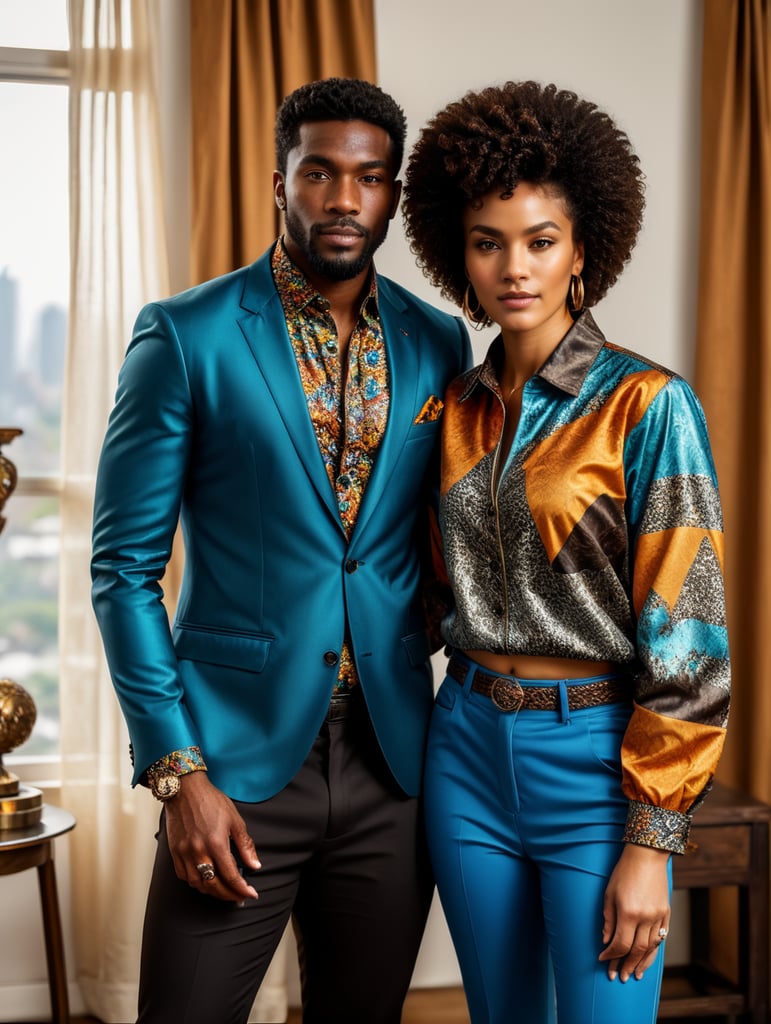 The assemblage has a very naturalistic style, with trademark use of bold colors and brushstrokes. Sportiv man and women, afro dandy, athletic shape, 80's afrobeat, custom made jacket african shirt, colorful fabric, african curtain, fashion, ebony, black, mannequin, 3d model, couple, centered image