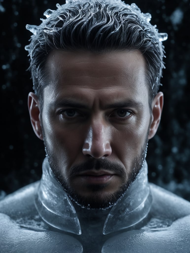 Portrait of a Translucent man made from the ice, organs are visible through the ice